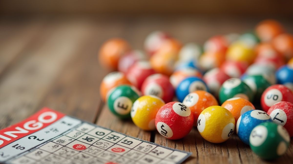Bolas de keno coloridas junto a una tarjeta de bingo.