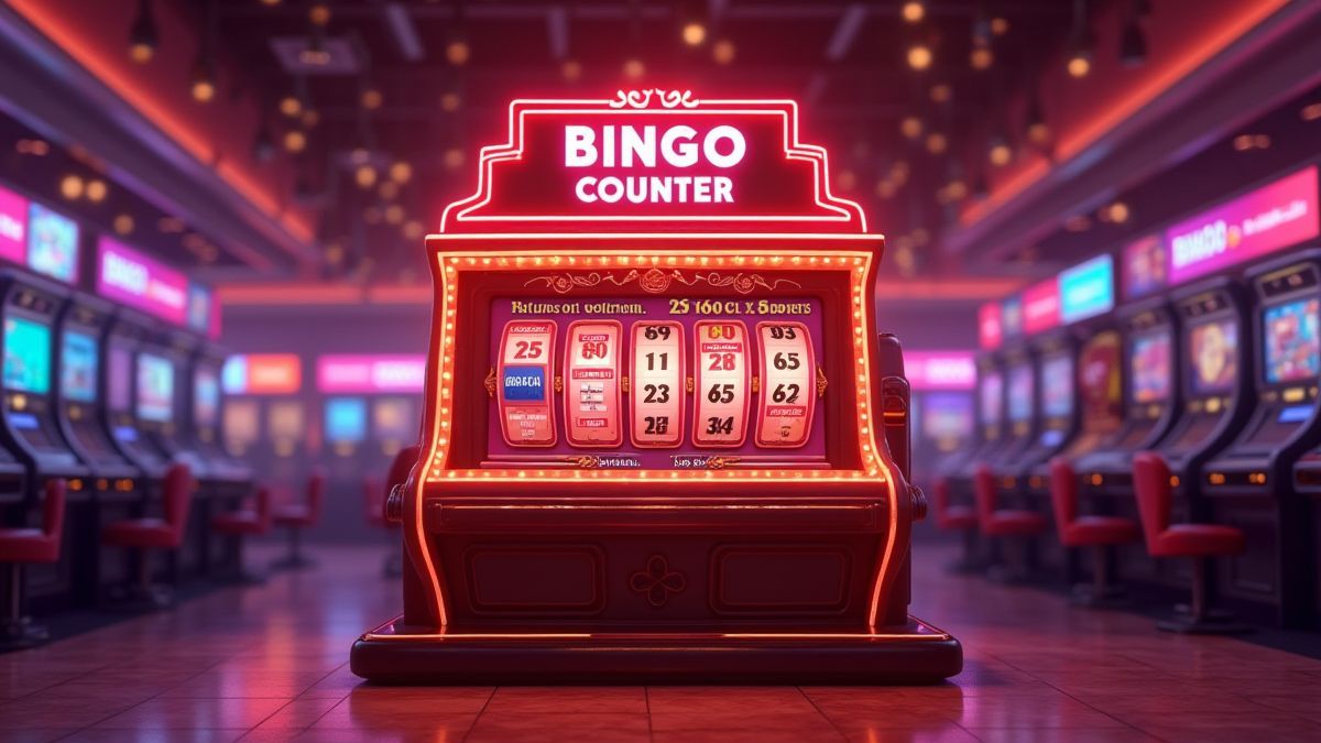 Contador de bote progresivo brillando en una sala de bingo.