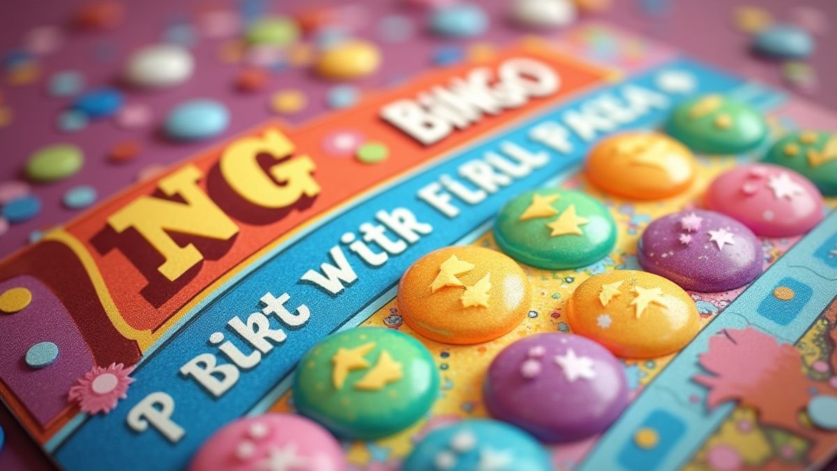 Tarjeta de bingo colorida con secciones de rascar.