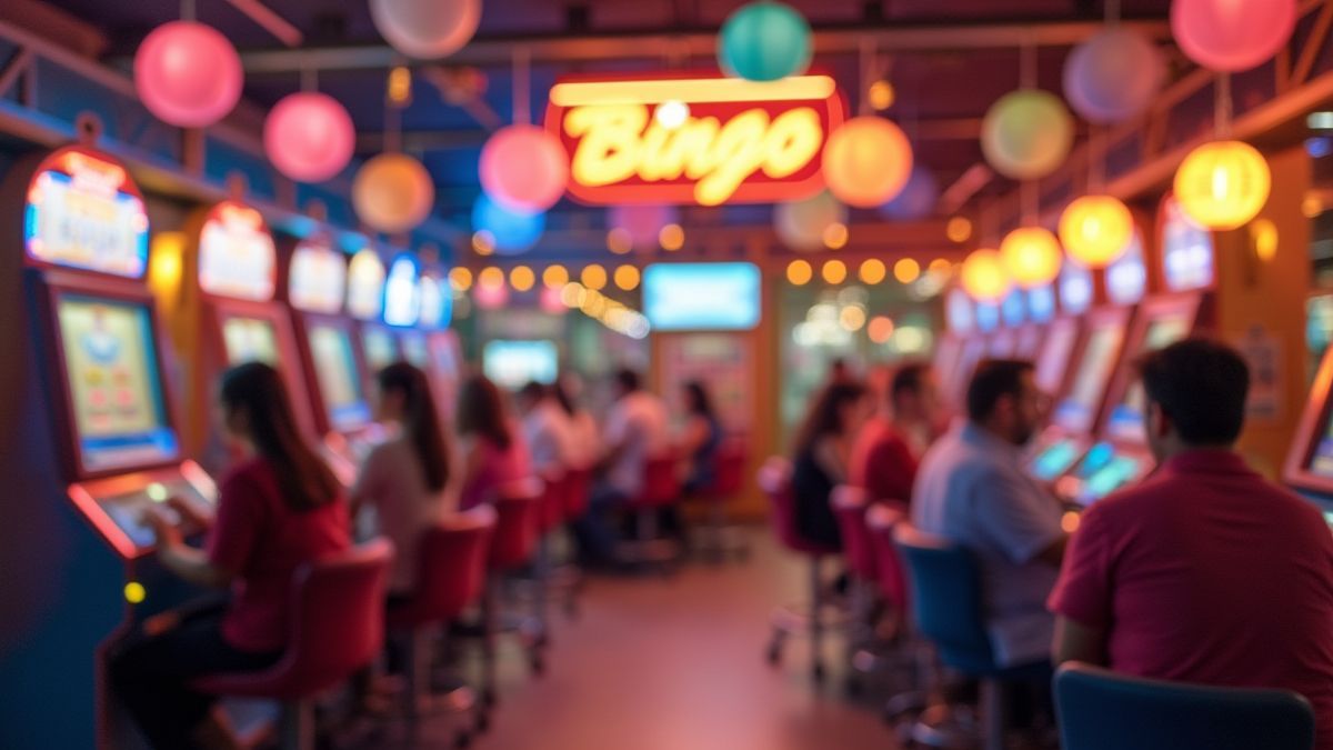 Sala de bingo festiva con jugadores felices.