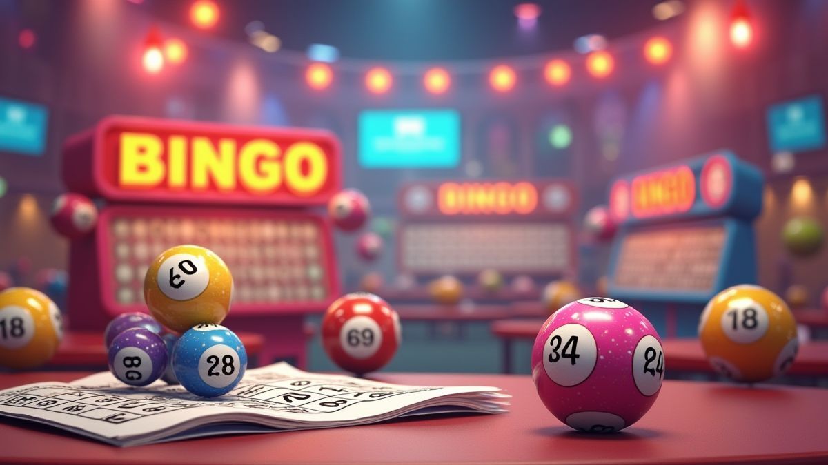 A colorful bingo hall with animated bingo balls.