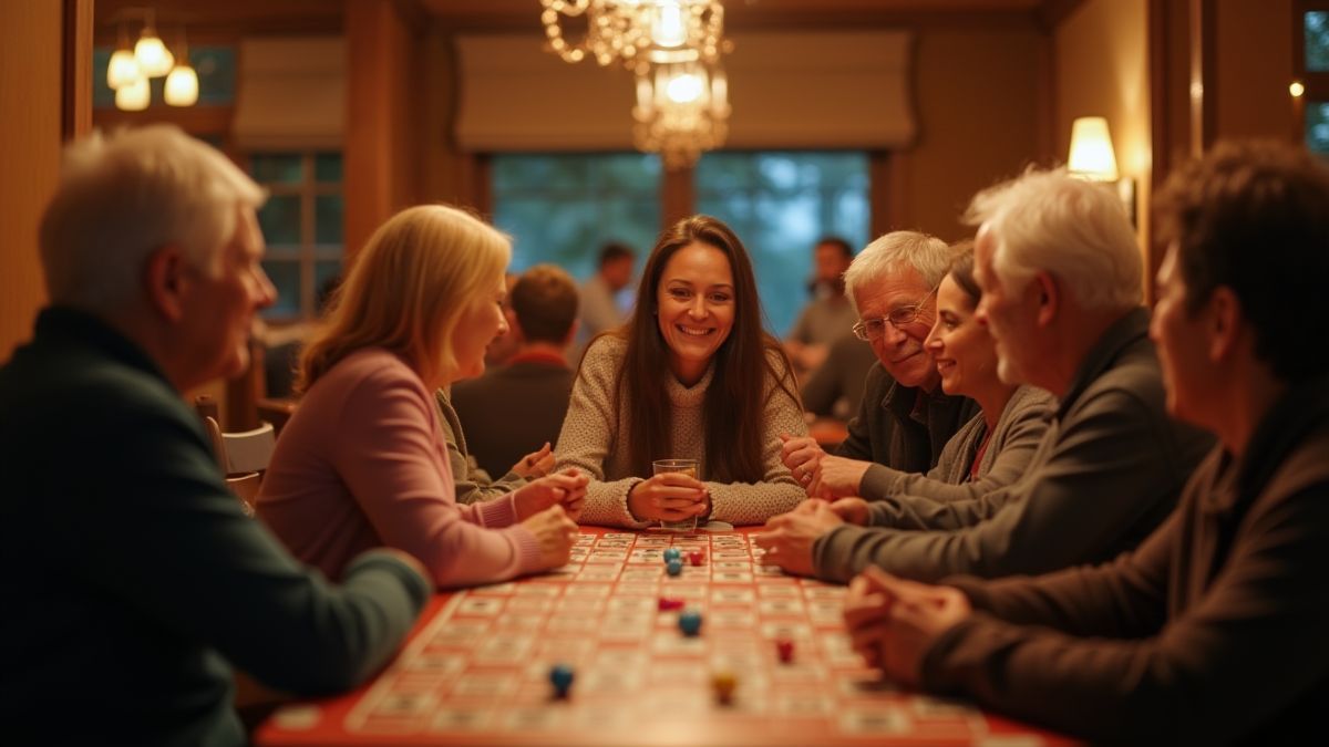 A cozy bingo night with friends enjoying the game.