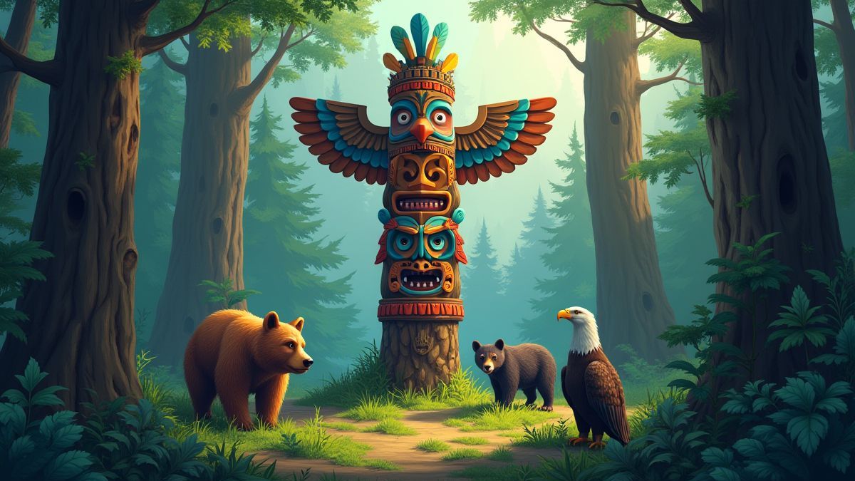 Totem rodeado de bosque e animais nativos