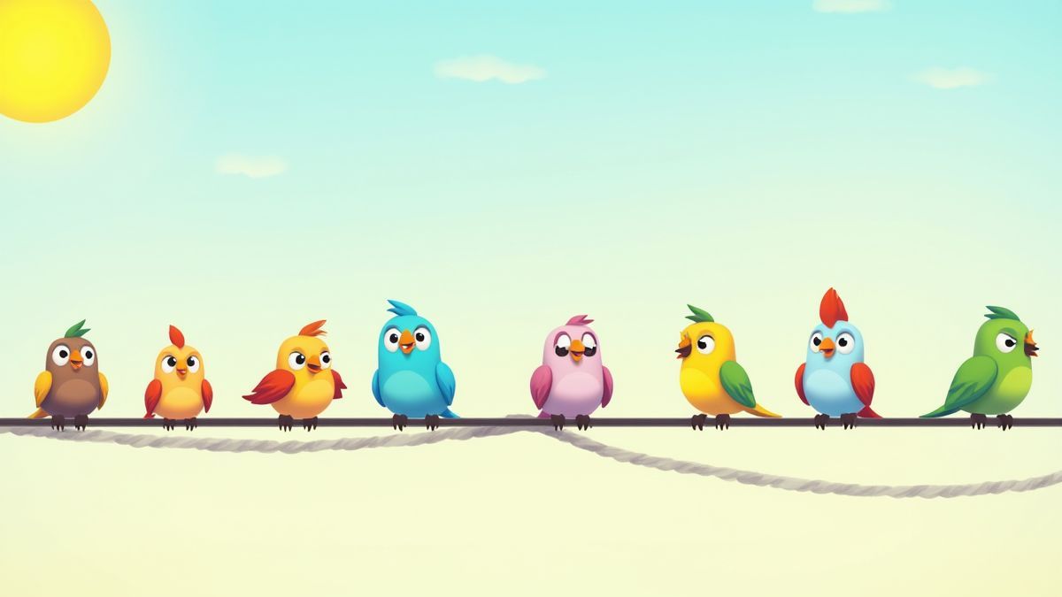 Pájaros de colores en cables bajo un cielo soleado.