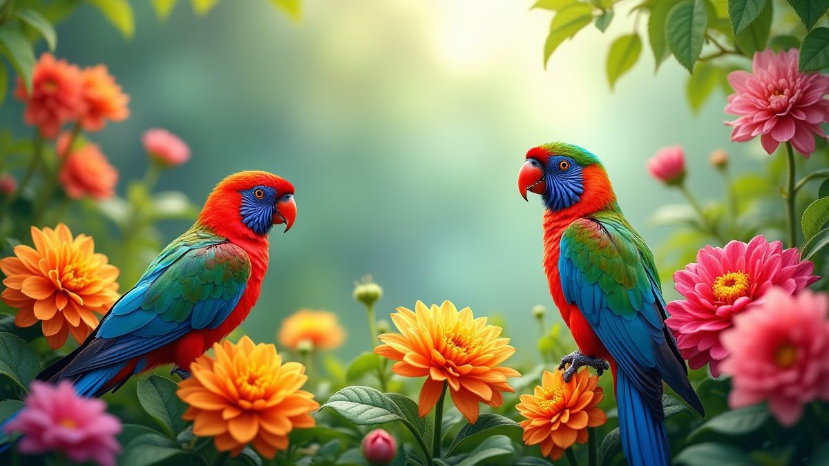 Un jardin coloré avec des oiseaux exotiques et des fleurs en pleine floraison.