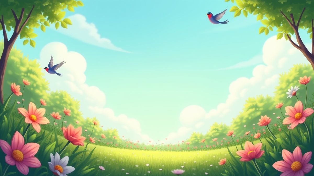 Scène animée d'un jardin relaxant avec des oiseaux volant et des fleurs se balançant dans le vent.