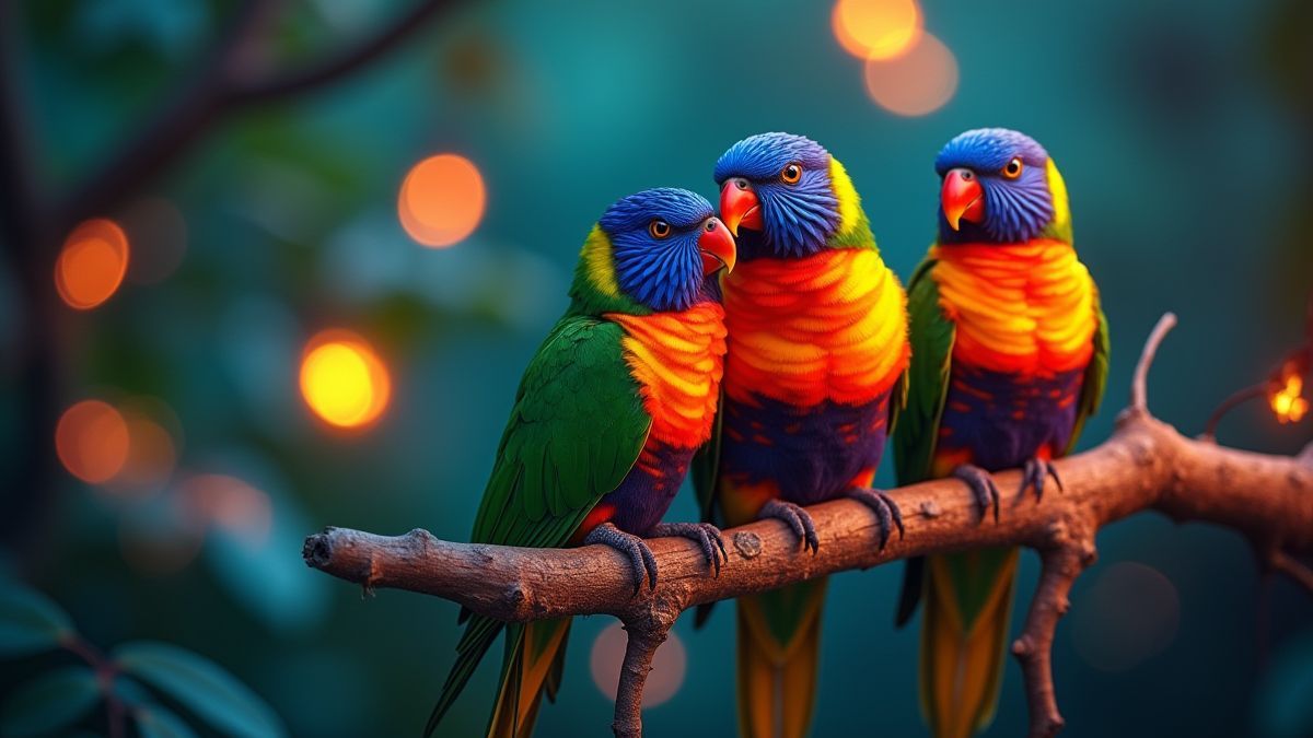 Aves tropicales coloridas en ramas mágicas