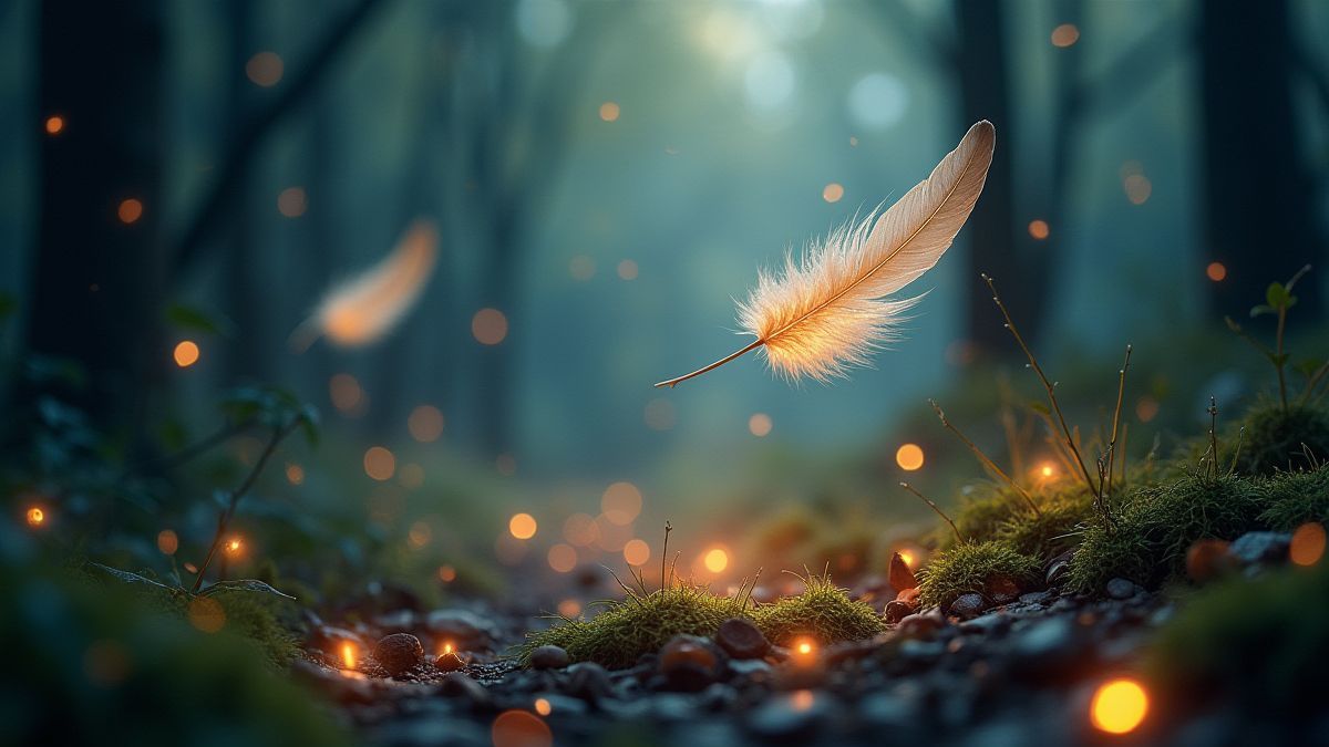 Escena de bosque mágico con luces brillantes y plumas flotantes