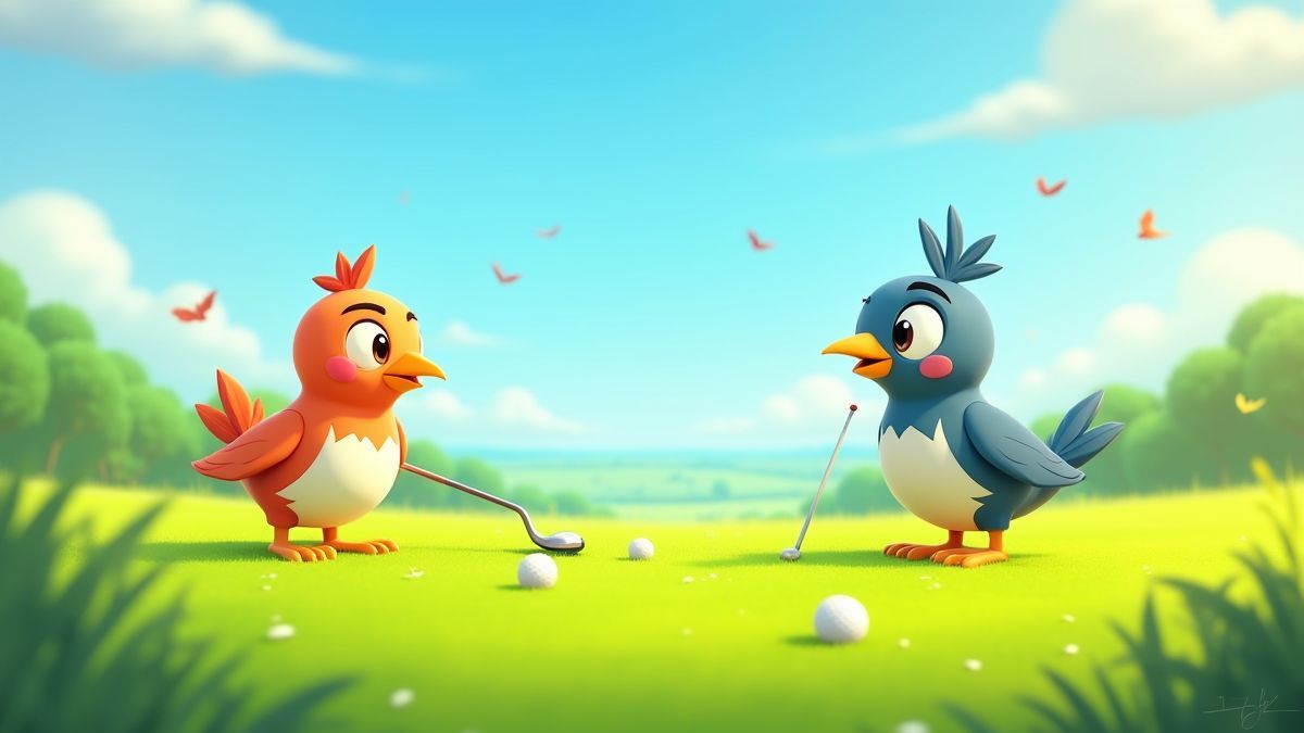 Animatie van vogels die golf spelen op een groen veld onder de zon.