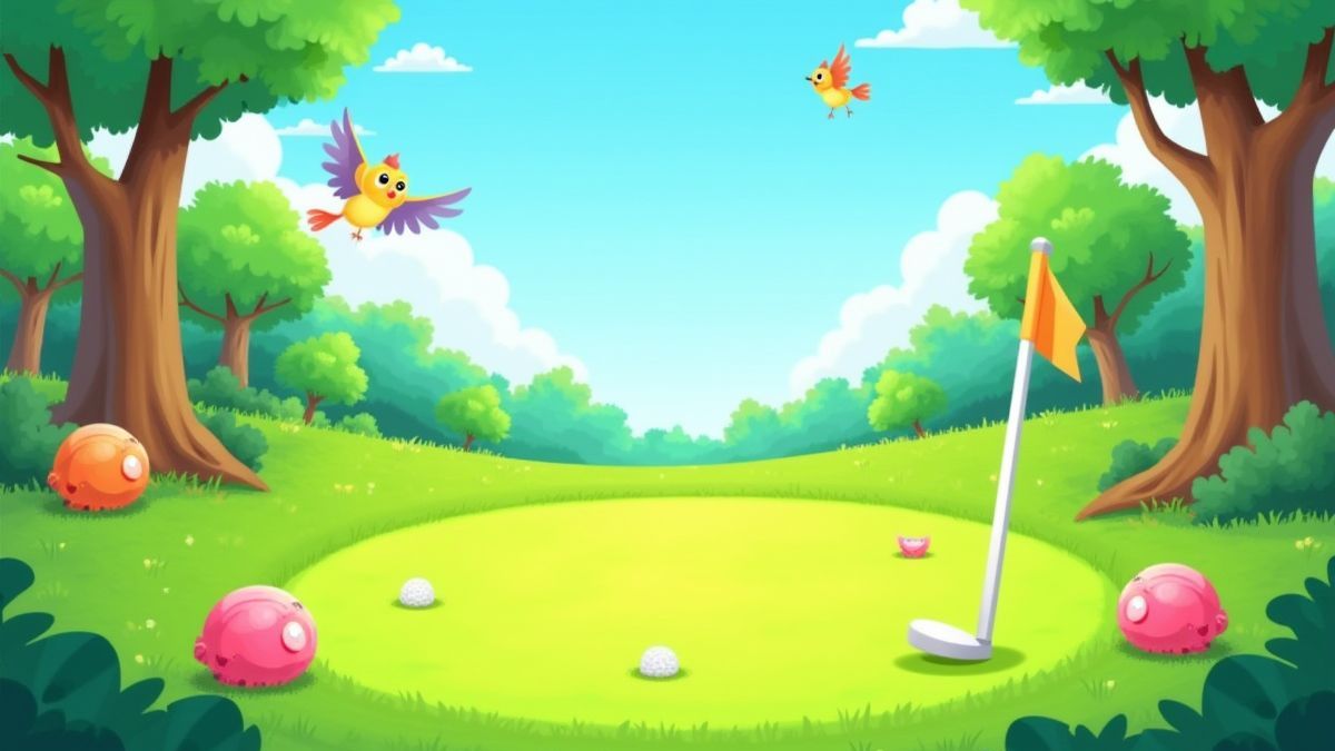 Geanimeerd golfveld met bomen en vogels eromheen.