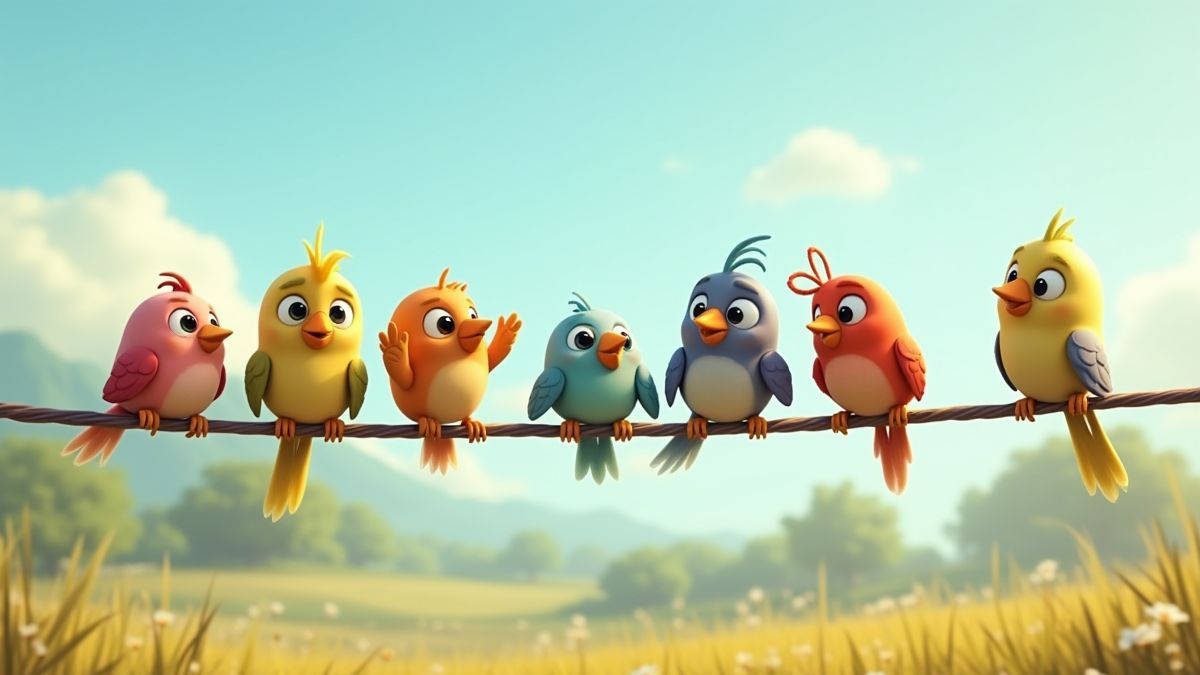 Animierte Vögel in einer ländlichen Umgebung.