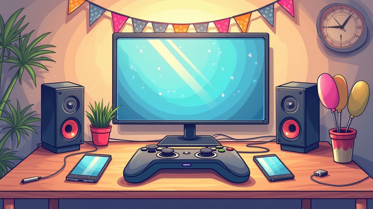 Gaming setup with mobile devices and festive decorations.