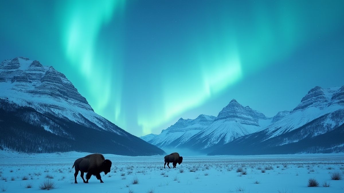Paisaje montañoso nevado con bisontes bajo una aurora boreal.