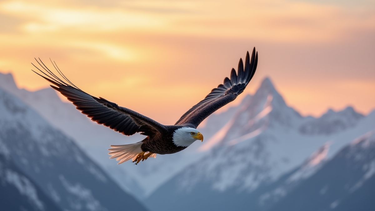 Águila volando sobre montañas nevadas al atardecer.