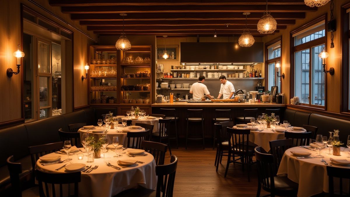 A cozy diner with tables ready and a chef cooking.