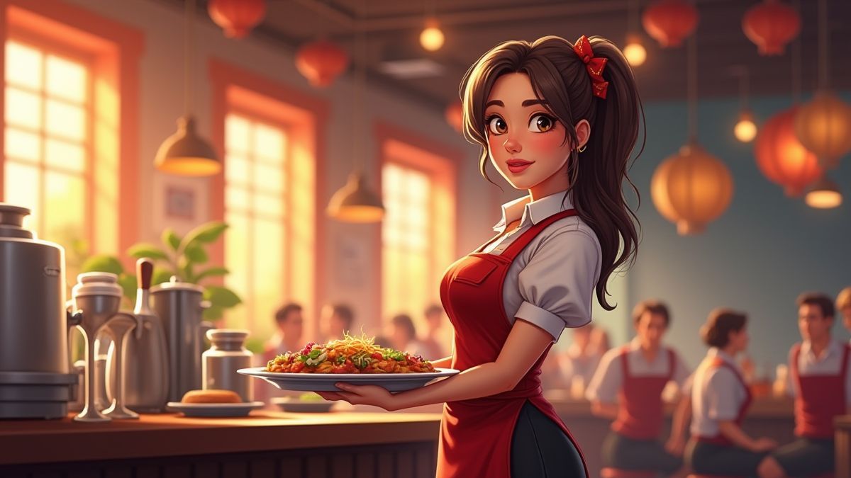 A waitress serving food in a lively bistro.