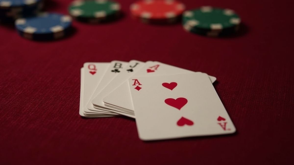 Karten und Pokerchips auf einem Samttisch bei sanfter Beleuchtung.