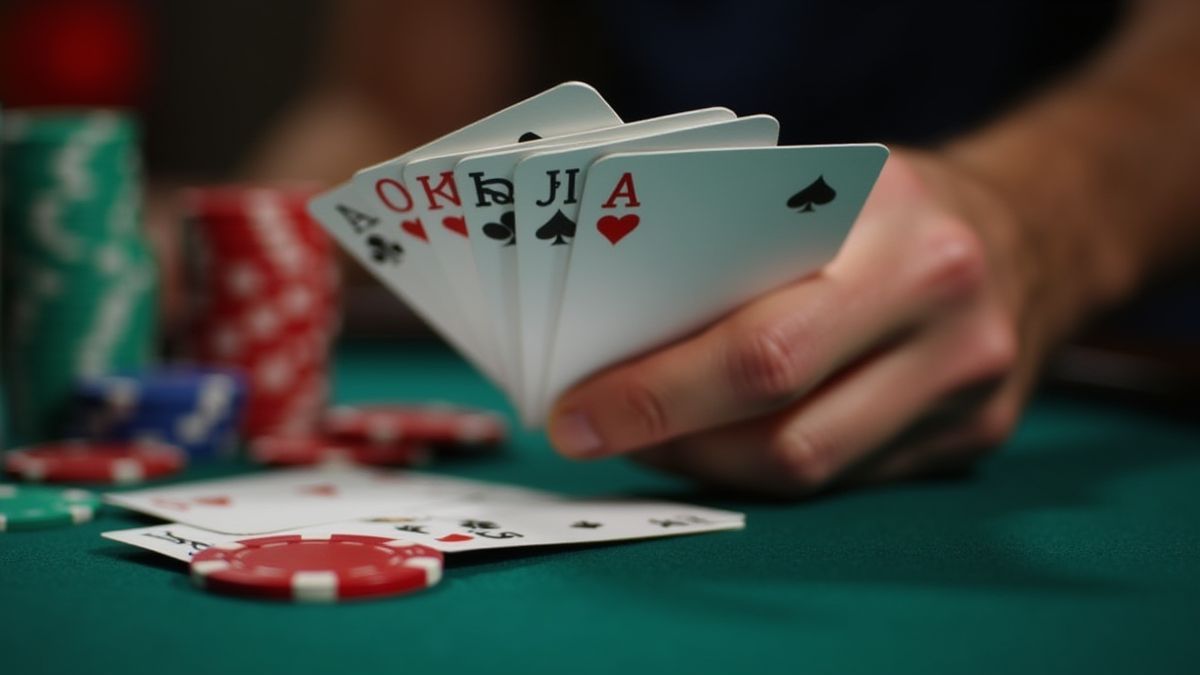 Blackjack-Karten in einer Hand mit daneben gestapelten Chips.