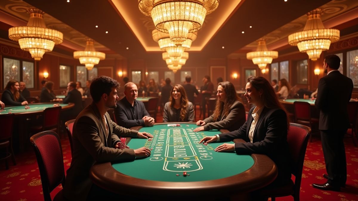 Luxuriöse Casino-Umgebung mit Spielern um einen Blackjack-Tisch.
