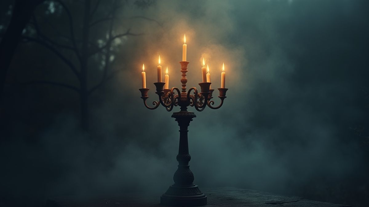 Un candelabro gótico envuelto en una neblina oscura.