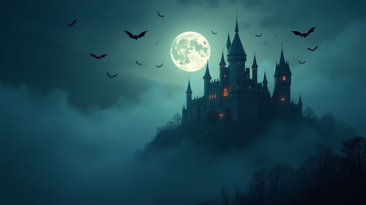 Un castillo misterioso rodeado de murciélagos bajo la luz de la luna.