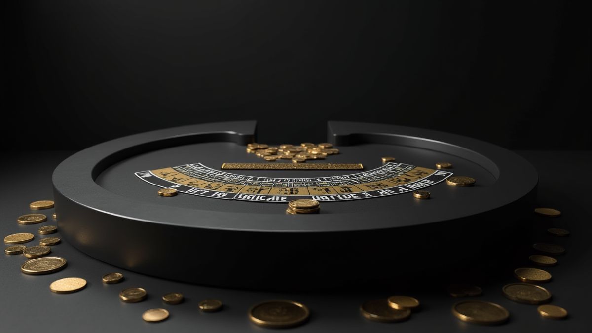 Mesa de casino minimalista en blanco y negro con monedas de oro.