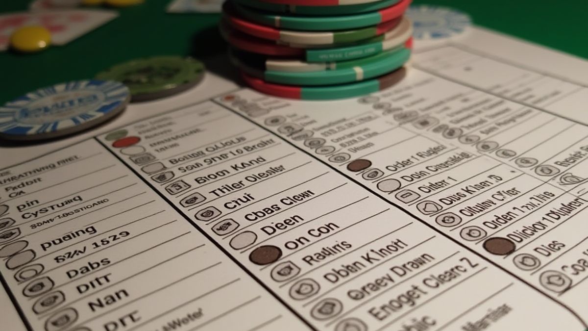 Fichas de casino y una carta de apuestas con valores de monedas.