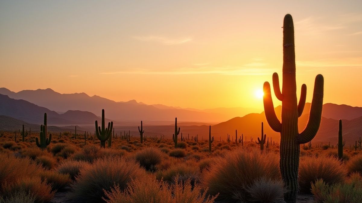 Een prairie landschap met cactussen bij zonsondergang.
