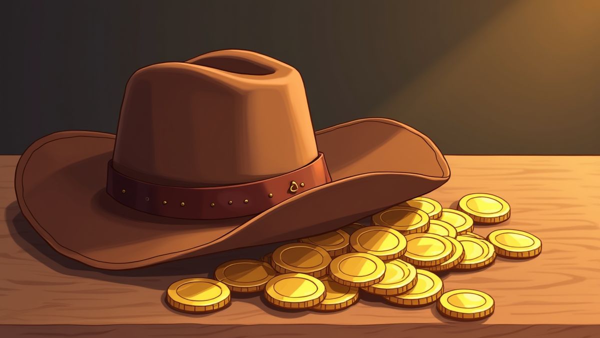 Cowboyhoed op een tafel met gouden munten.