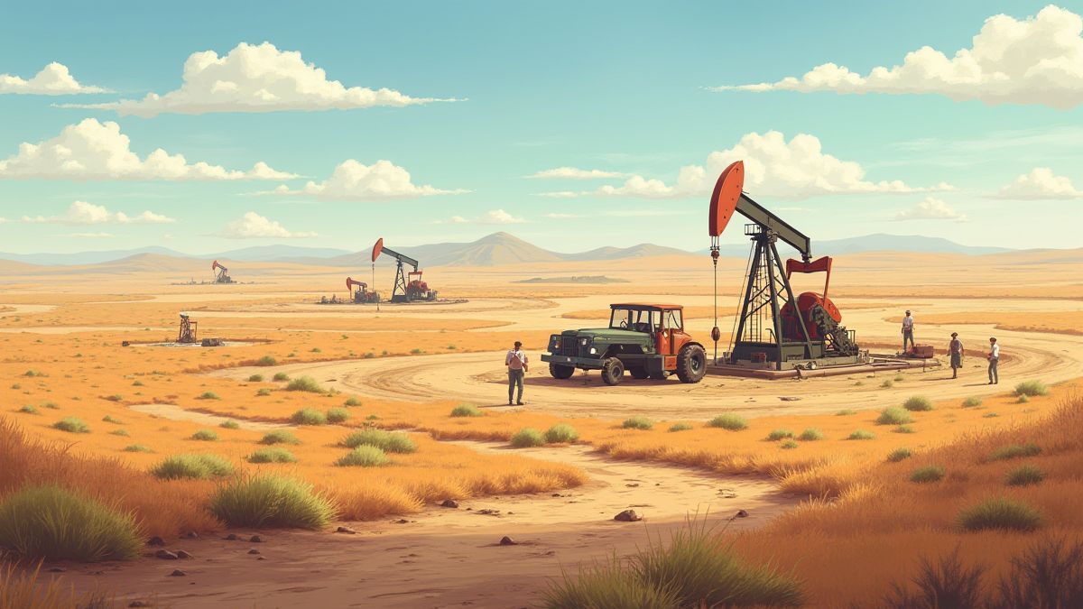 Paisaje de campo petrolero con maquinaria y trabajadores.