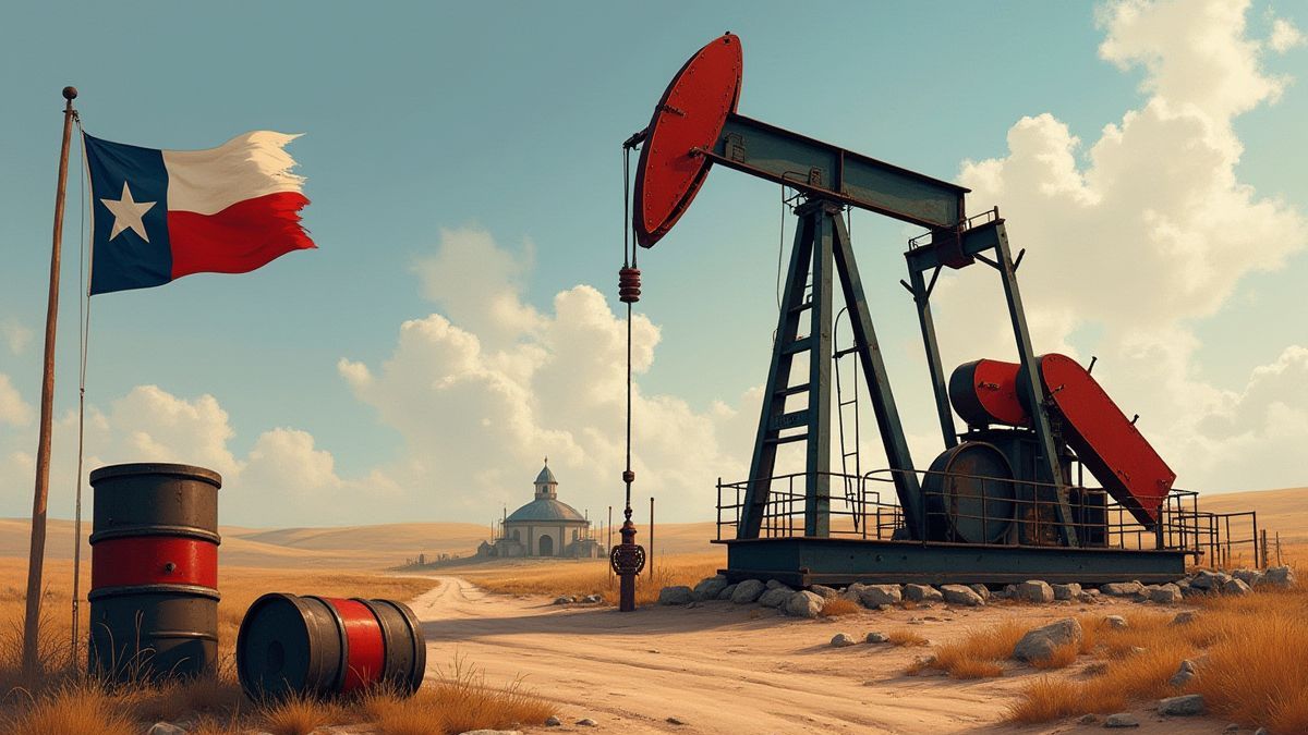 Plataforma petrolera y barriles con la bandera de Texas al fondo.