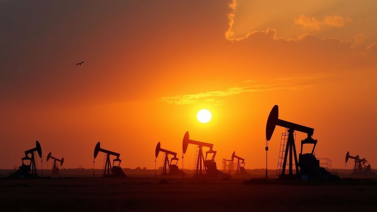 Atardecer en un campo petrolero de Texas con plataformas en el horizonte.
