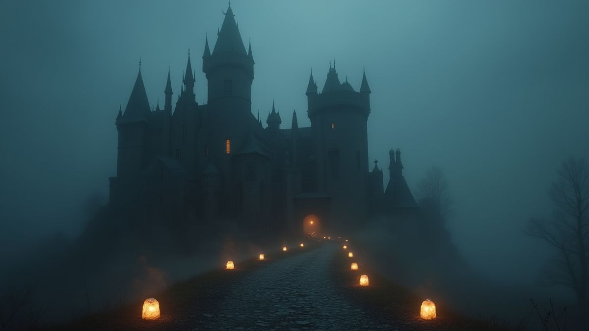 Middeleeuws kasteel omgeven door donkere mist met glanzende sferen.