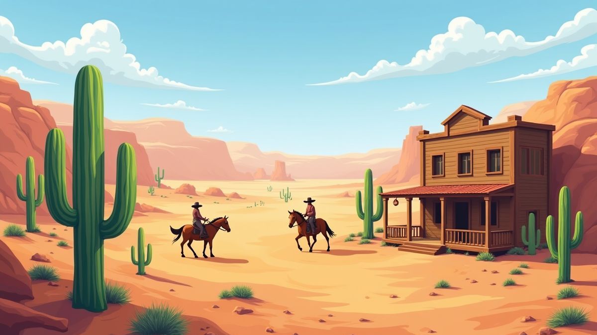 Desert landscape with cacti, horses, and a wooden saloon.