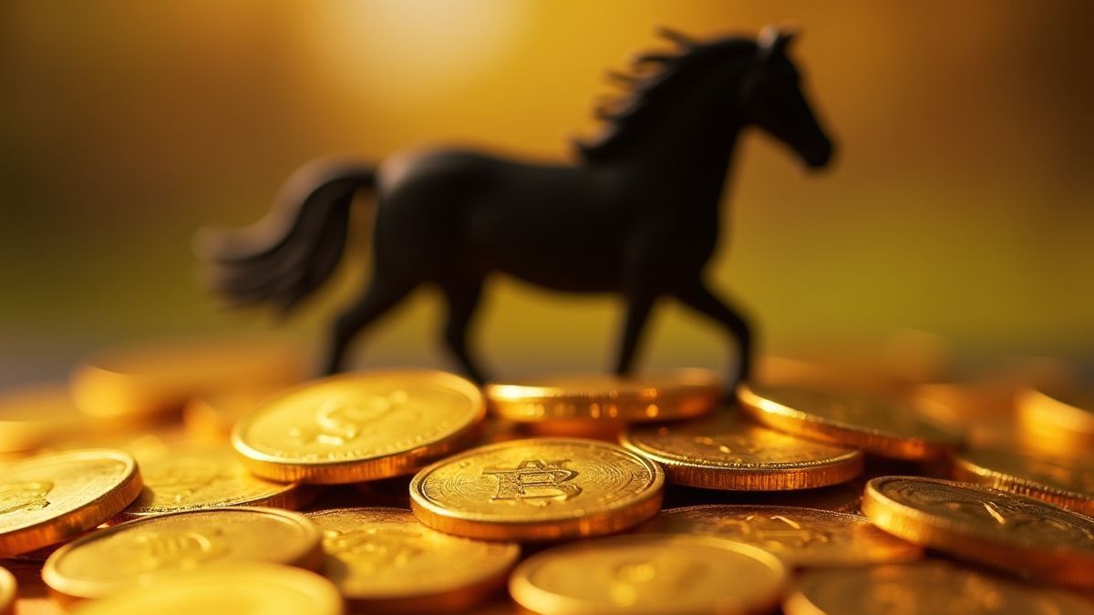 Shiny golden coins with a black horse silhouette in the background.