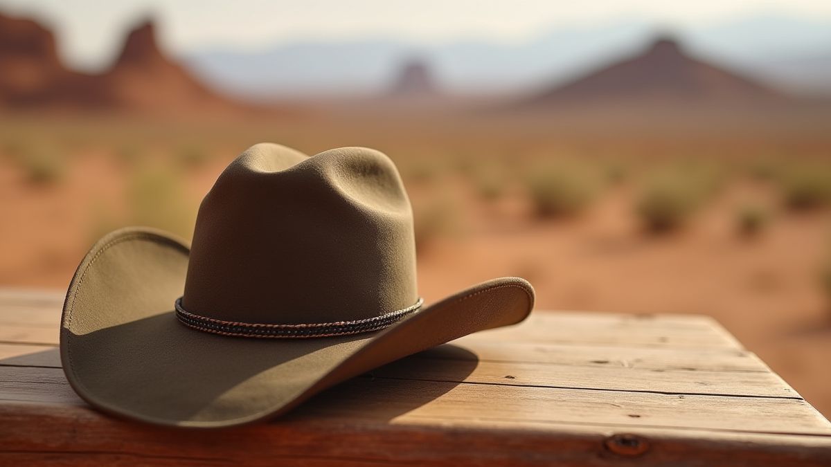 A cowboy hat on a wooden table with a desert background.