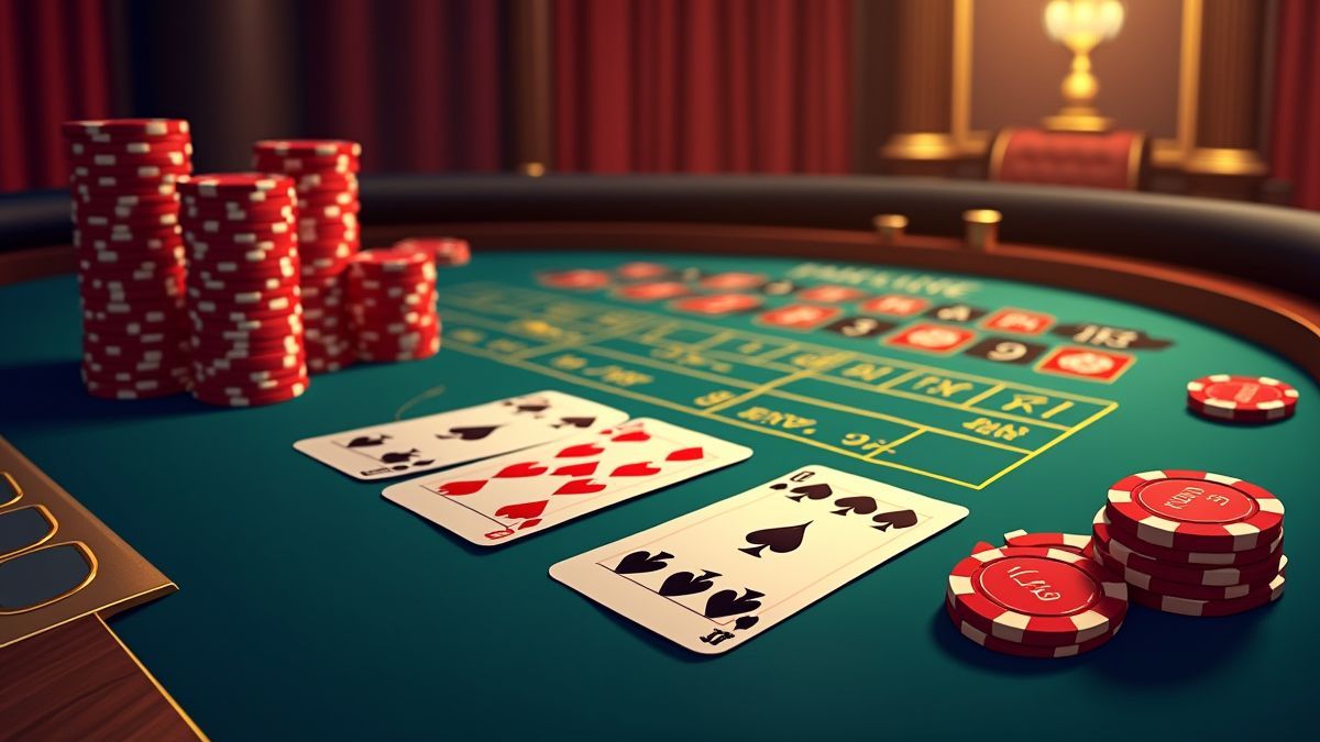 Mesa de cassino com cartas e fichas em um ambiente luxuoso.