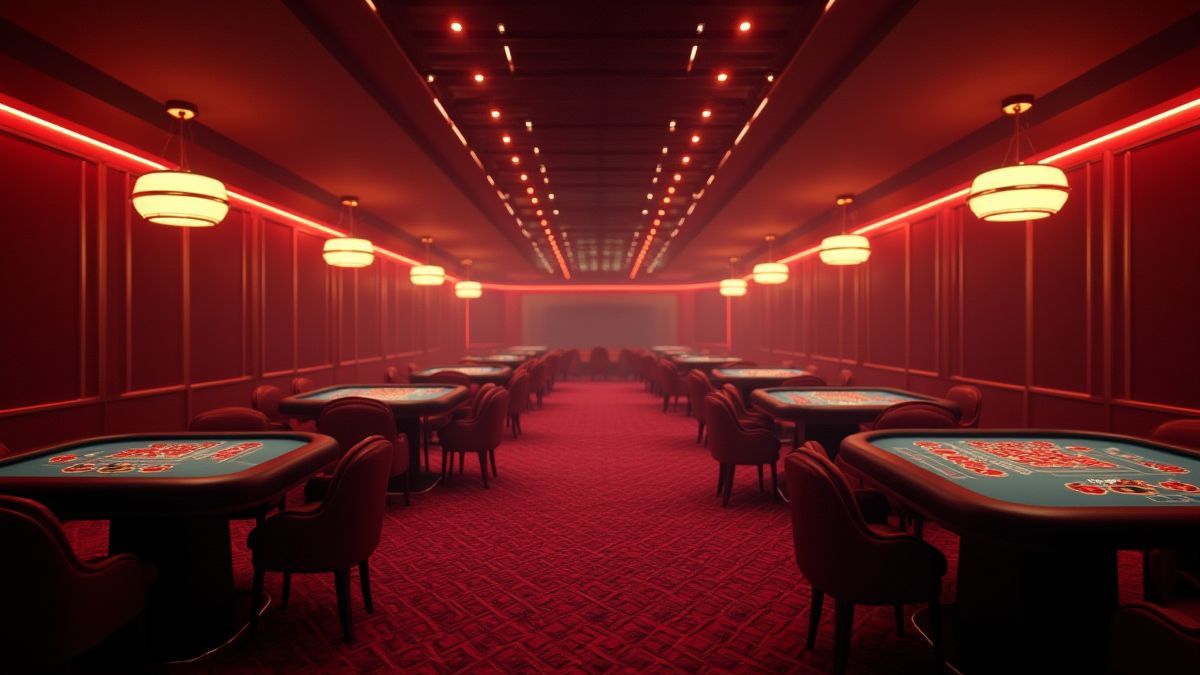 Cassino animado com luzes brilhantes e mesas elegantes.