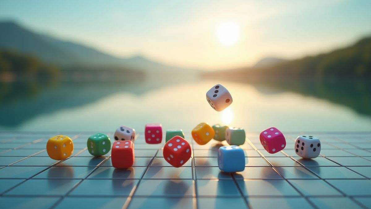 Colorful dice falling onto grids