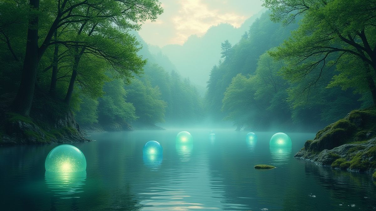 Serene lake with glowing orbs and vegetation