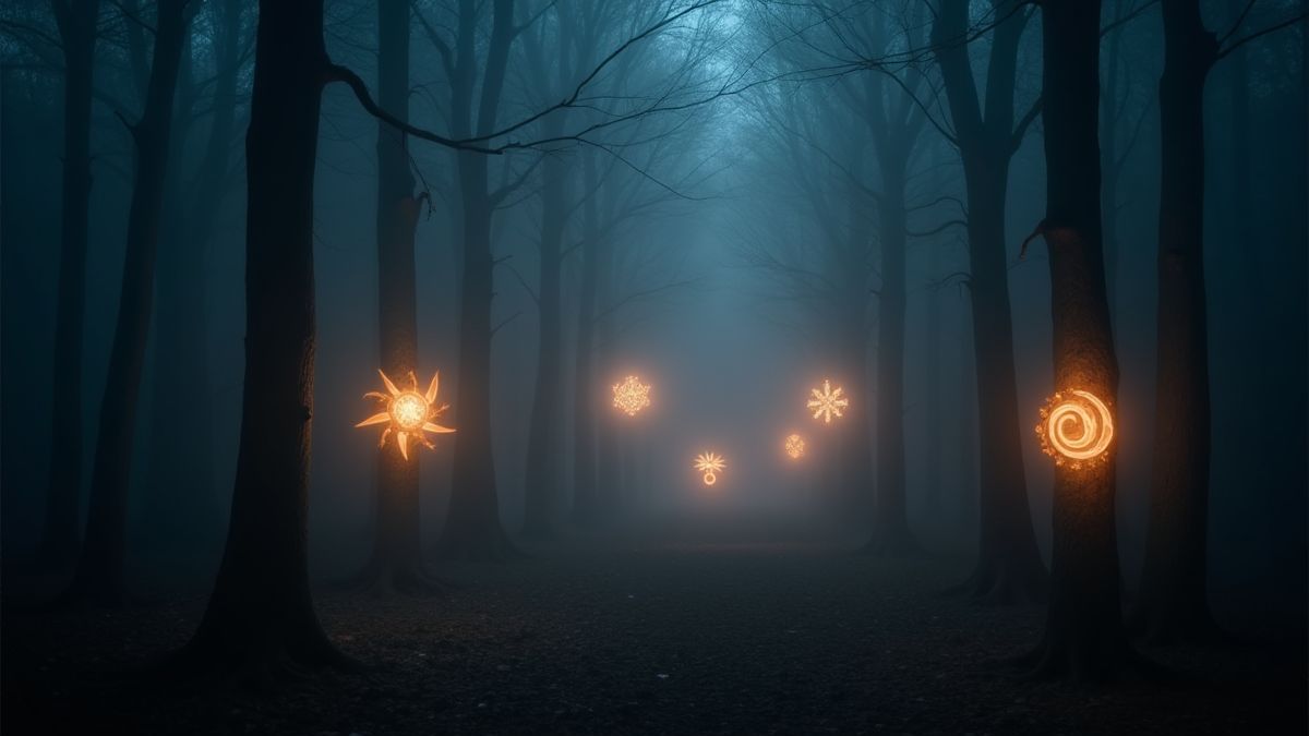 Símbolos mágicos brilhando em uma floresta escura e nebulosa.