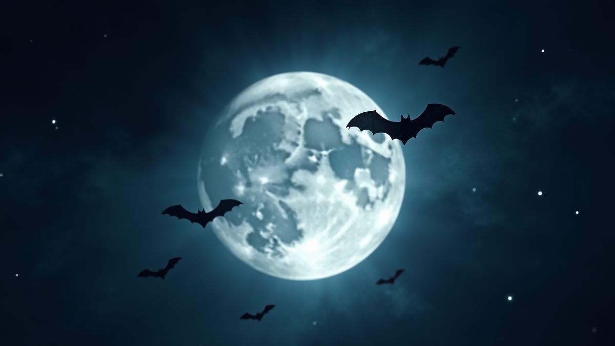 Uma lua mística brilhando em um céu escuro rodeada de morcegos e estrelas.