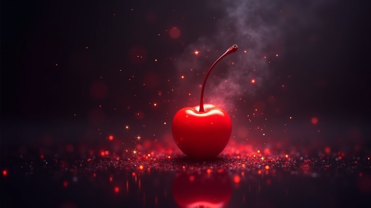 A glowing cherry with magical sparkles against a dark background.