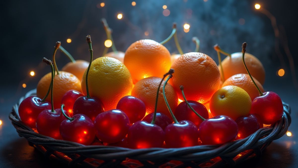 A basket of magical fruits glowing under a mystical light.