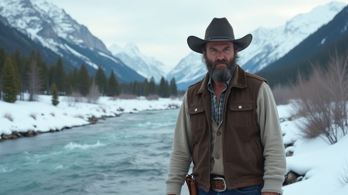 Un vaquero junto a un río nevado con montañas al fondo.