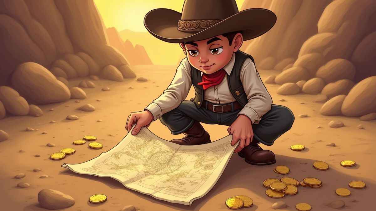 Un vaquero estudiando un mapa del tesoro con monedas de oro alrededor.