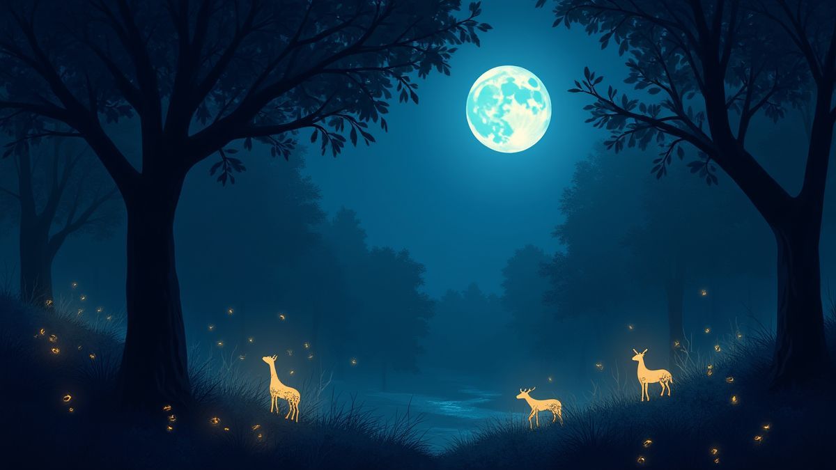 Moonlit forest full of life.