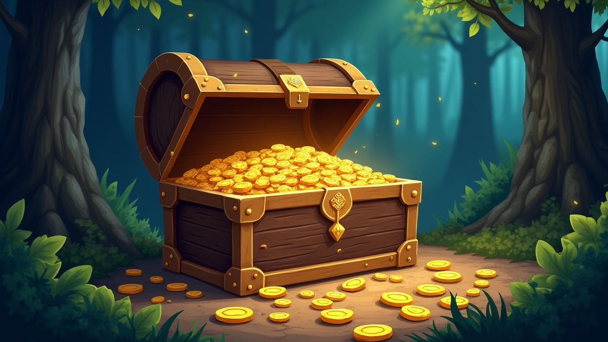 Treasure chest filled with coins and jewels.