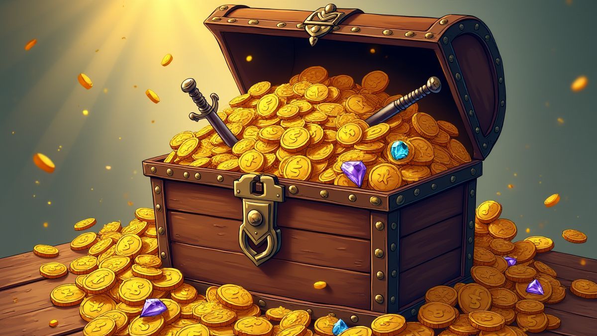 Un cofre del tesoro lleno de monedas de oro y joyas.