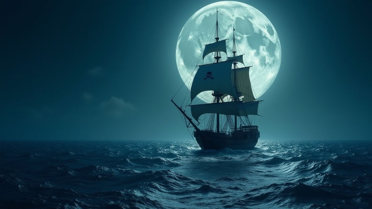 Un barco pirata navegando bajo la luz de la luna llena.